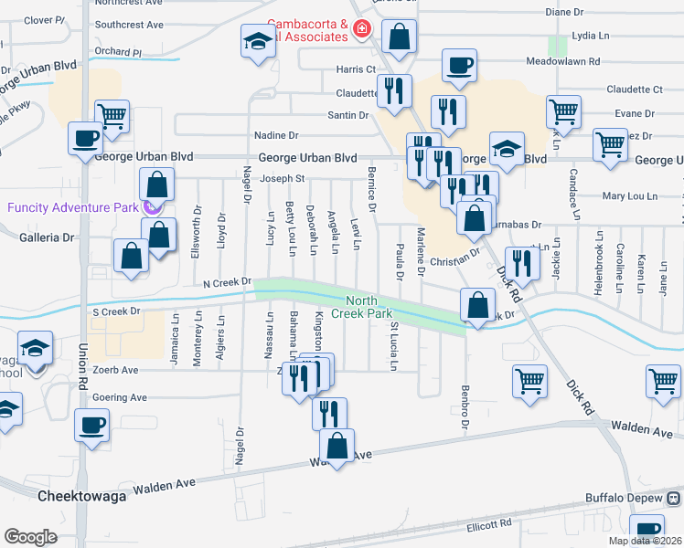 map of restaurants, bars, coffee shops, grocery stores, and more near 77 Angela Lane in Buffalo