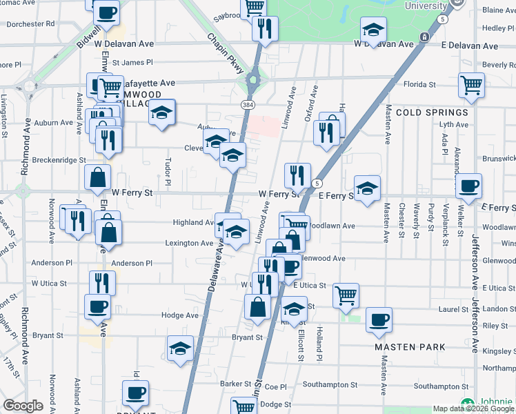 map of restaurants, bars, coffee shops, grocery stores, and more near 455 Linwood Avenue in Buffalo