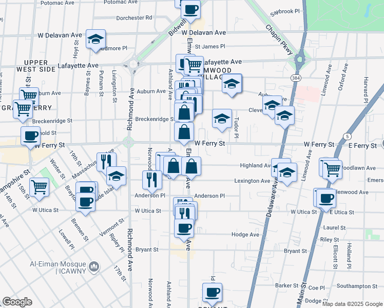 map of restaurants, bars, coffee shops, grocery stores, and more near in Buffalo