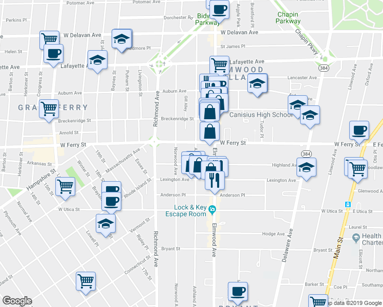 map of restaurants, bars, coffee shops, grocery stores, and more near 605 West Ferry Street in Buffalo