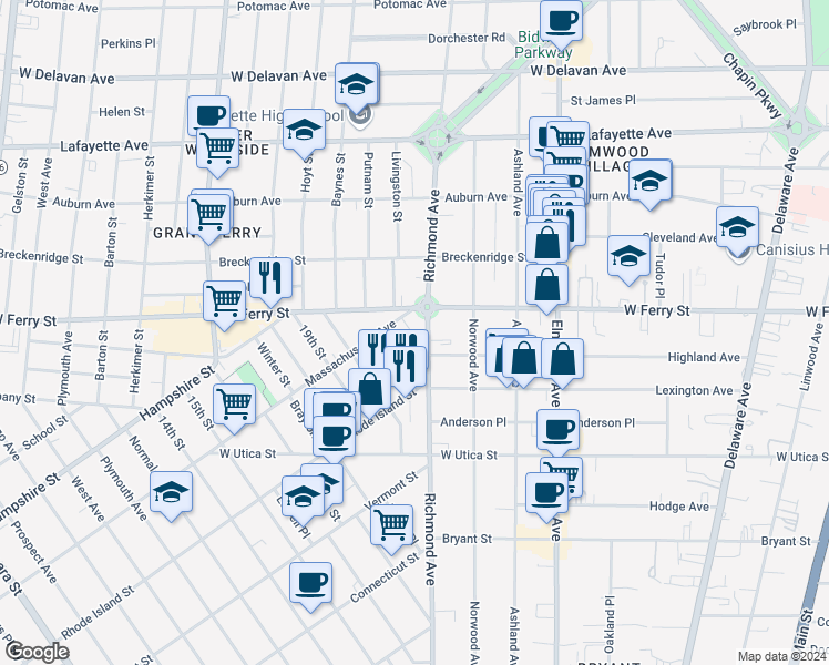 map of restaurants, bars, coffee shops, grocery stores, and more near 457 Richmond Avenue in Buffalo