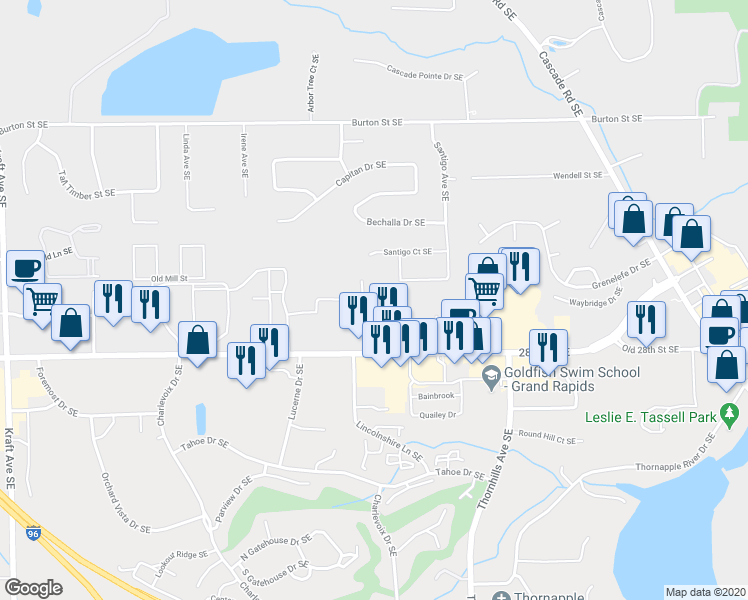 map of restaurants, bars, coffee shops, grocery stores, and more near 2623 Weatherby Hills Drive Southeast in Grand Rapids