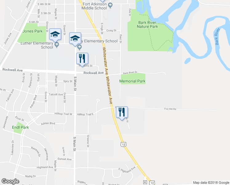 map of restaurants, bars, coffee shops, grocery stores, and more near 1103 Whitewater Avenue in Fort Atkinson