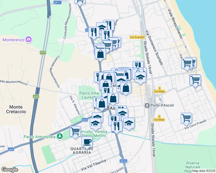 map of restaurants, bars, coffee shops, grocery stores, and more near 7 Via del Mare in San Benedetto del Tronto