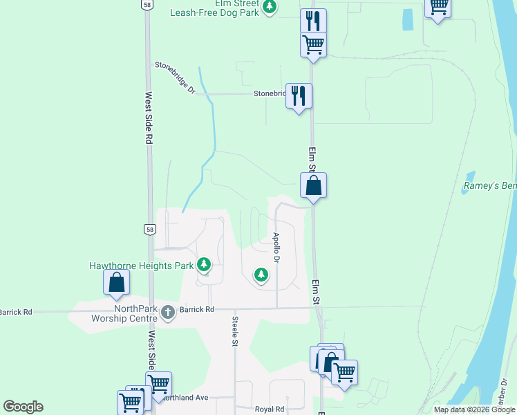 map of restaurants, bars, coffee shops, grocery stores, and more near 70 Oriole Crescent in Port Colborne