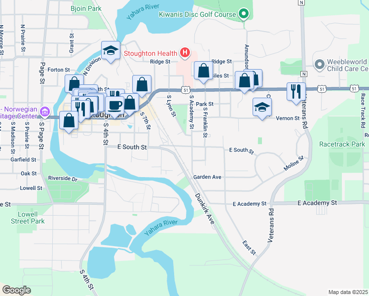map of restaurants, bars, coffee shops, grocery stores, and more near 817 East South Street in Stoughton