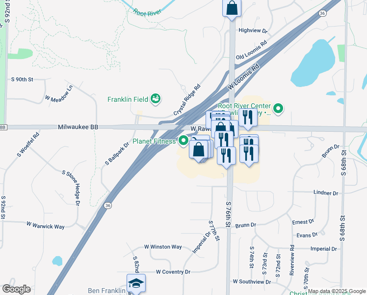 map of restaurants, bars, coffee shops, grocery stores, and more near 7199 South 76th Street in Franklin
