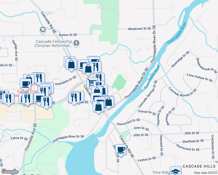 map of restaurants, bars, coffee shops, grocery stores, and more near 6881 Old Village Court Southeast in Grand Rapids