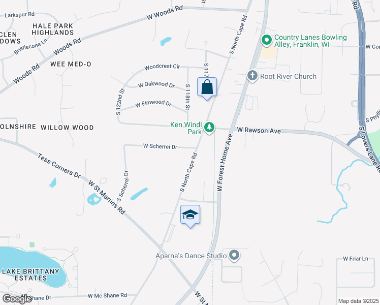 map of restaurants, bars, coffee shops, grocery stores, and more near 11725 West Scherrei Drive in Franklin