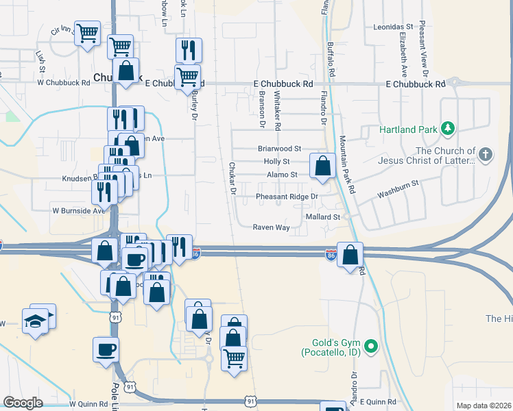 map of restaurants, bars, coffee shops, grocery stores, and more near 439 Pheasant Ridge Drive in Pocatello