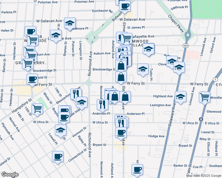 map of restaurants, bars, coffee shops, grocery stores, and more near 366 Ashland Avenue in Buffalo