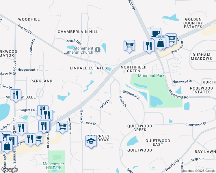 map of restaurants, bars, coffee shops, grocery stores, and more near W160S7167 Daisy Drive in Muskego