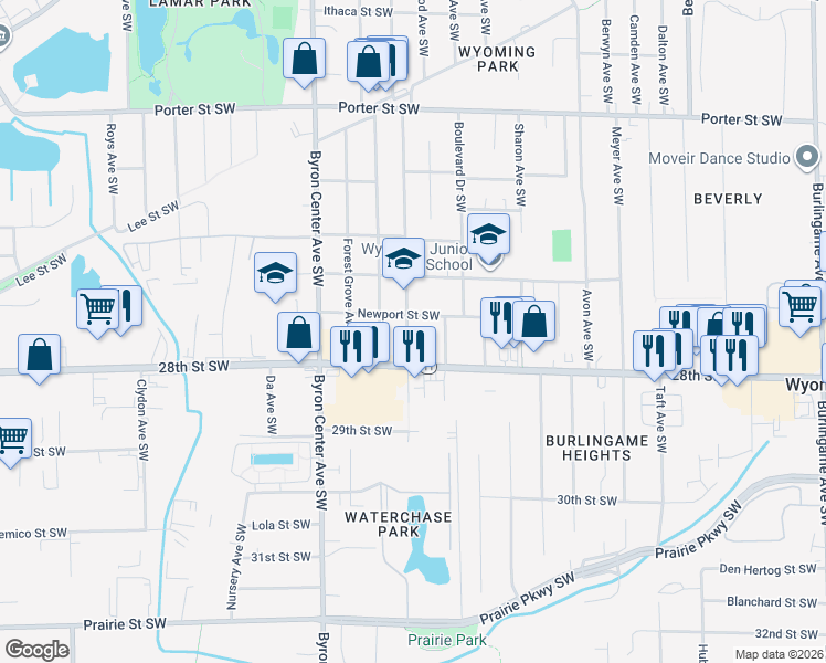 map of restaurants, bars, coffee shops, grocery stores, and more near 2703 Hazelwood Avenue Southwest in Wyoming