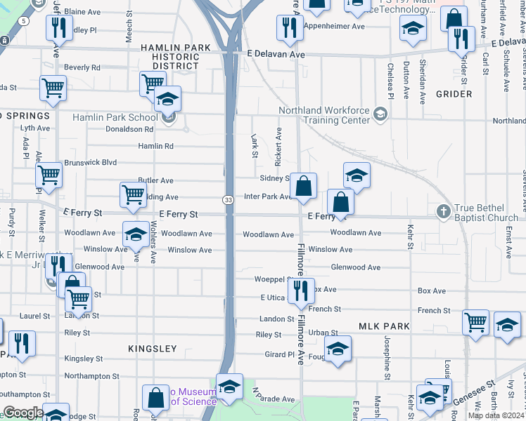 map of restaurants, bars, coffee shops, grocery stores, and more near 624 East Ferry Street in Buffalo