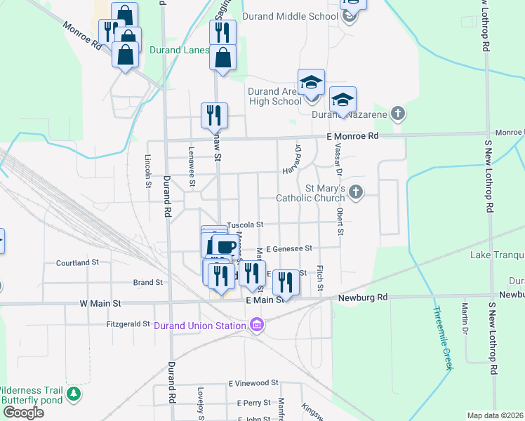 map of restaurants, bars, coffee shops, grocery stores, and more near 406 Marquette Street in Durand