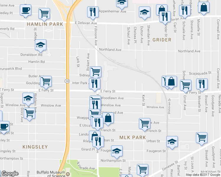 map of restaurants, bars, coffee shops, grocery stores, and more near 728 East Ferry Street in Buffalo