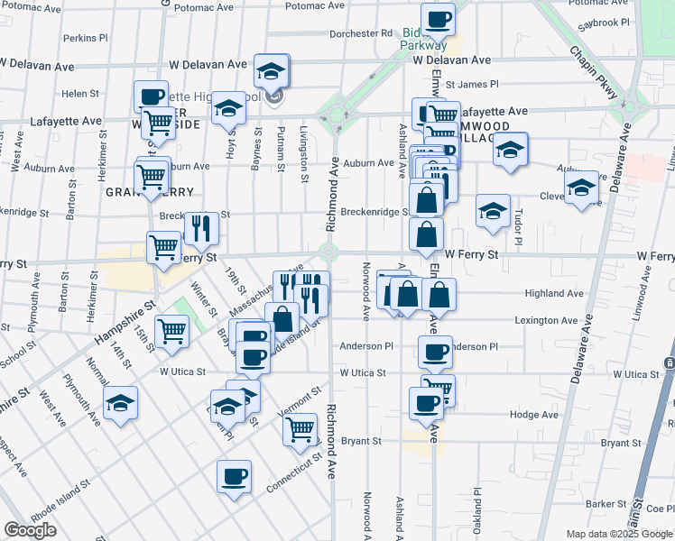 map of restaurants, bars, coffee shops, grocery stores, and more near 457 Richmond Avenue in Buffalo