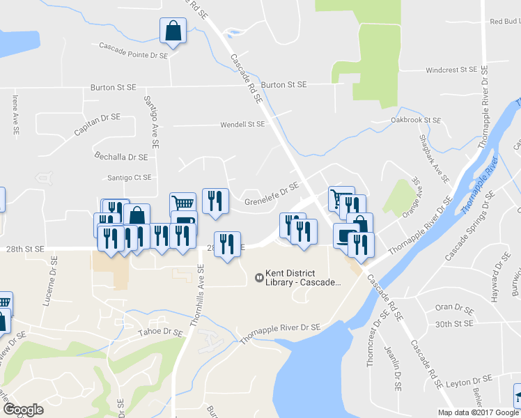 map of restaurants, bars, coffee shops, grocery stores, and more near 2661 Wyndham Drive Southeast in Grand Rapids