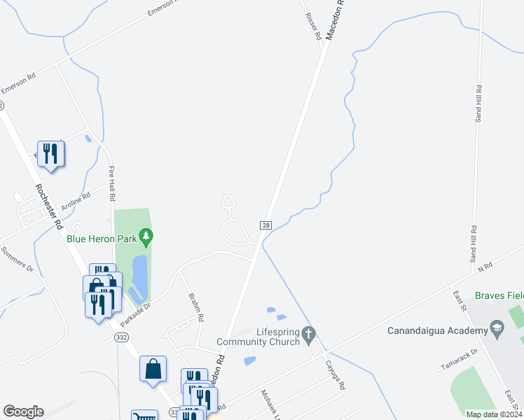 map of restaurants, bars, coffee shops, grocery stores, and more near 2400 County Road 28 in Canandaigua