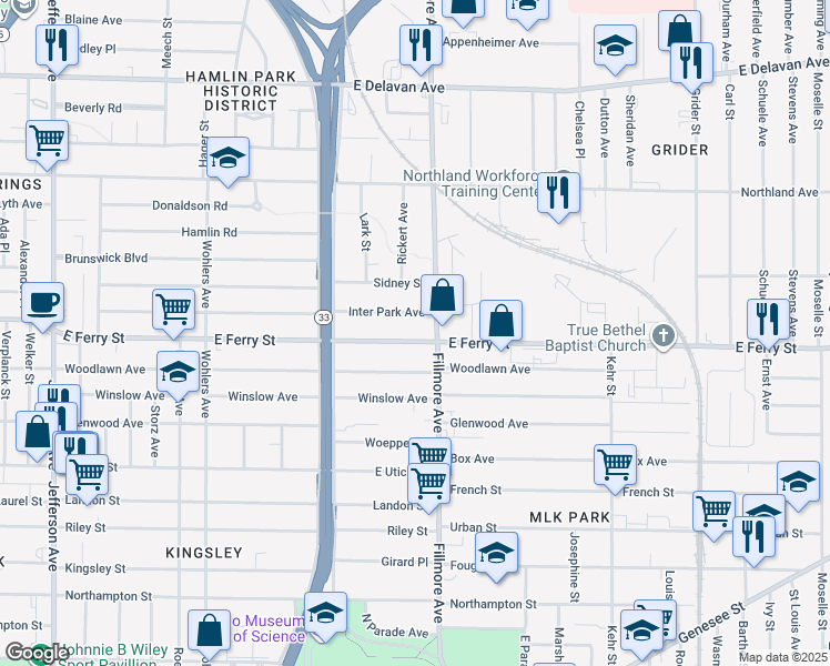 map of restaurants, bars, coffee shops, grocery stores, and more near 654 E Ferry St in Buffalo