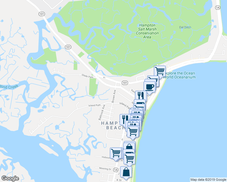 map of restaurants, bars, coffee shops, grocery stores, and more near 20 Brown Avenue in Hampton