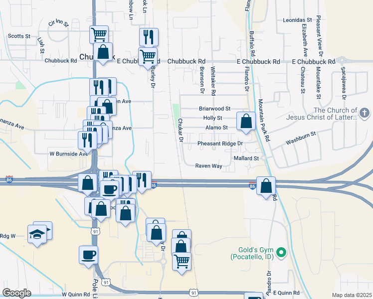 map of restaurants, bars, coffee shops, grocery stores, and more near 439 Pheasant Ridge Drive in Pocatello