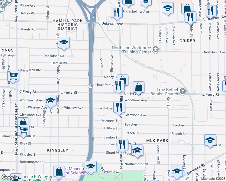 map of restaurants, bars, coffee shops, grocery stores, and more near 654 East Ferry Street in Buffalo