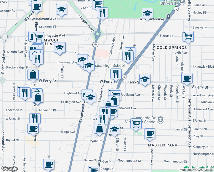 map of restaurants, bars, coffee shops, grocery stores, and more near 455 Linwood Avenue in Buffalo