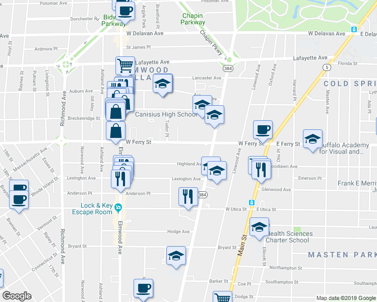 map of restaurants, bars, coffee shops, grocery stores, and more near 789 West Ferry Street in Buffalo