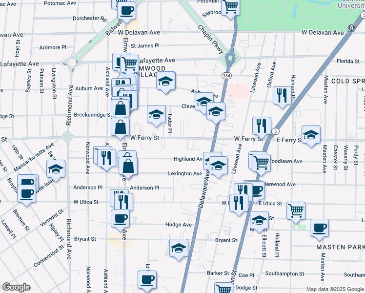 map of restaurants, bars, coffee shops, grocery stores, and more near 789 West Ferry Street in Buffalo