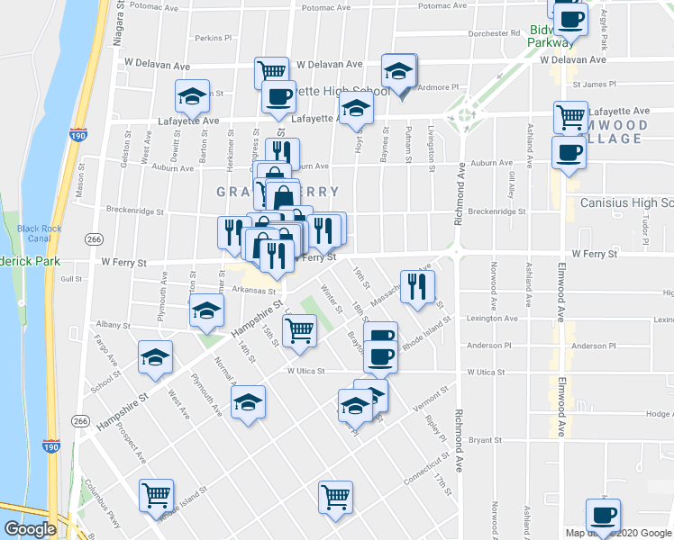 map of restaurants, bars, coffee shops, grocery stores, and more near 393 Hampshire Street in Buffalo
