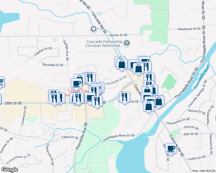 map of restaurants, bars, coffee shops, grocery stores, and more near 6631 Waybridge Drive Southeast in Grand Rapids