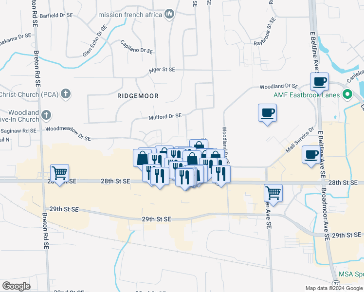 map of restaurants, bars, coffee shops, grocery stores, and more near 2665 Ridgecroft Drive Southeast in Grand Rapids
