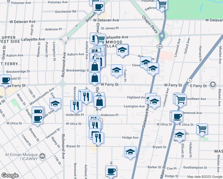 map of restaurants, bars, coffee shops, grocery stores, and more near in Buffalo