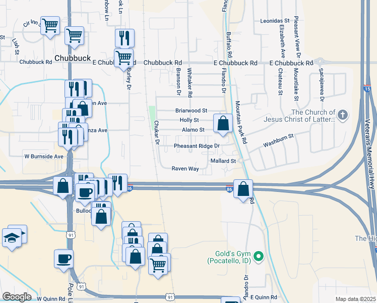 map of restaurants, bars, coffee shops, grocery stores, and more near 505 Pheasant Ridge Drive in Pocatello