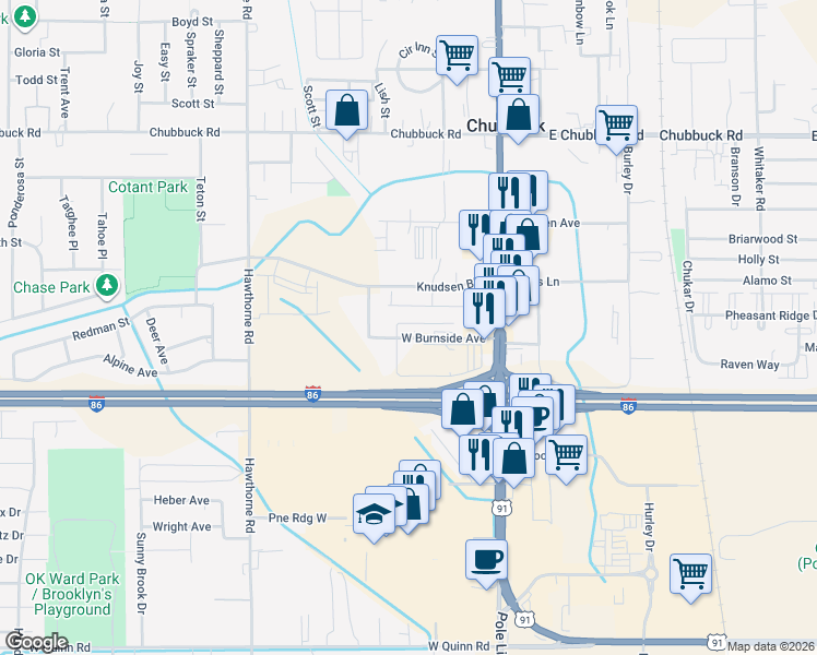 map of restaurants, bars, coffee shops, grocery stores, and more near 240 West Burnside Avenue in Pocatello