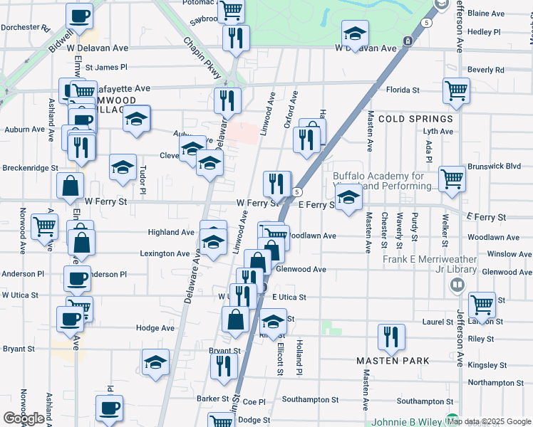 map of restaurants, bars, coffee shops, grocery stores, and more near 1514 Main Street in Buffalo