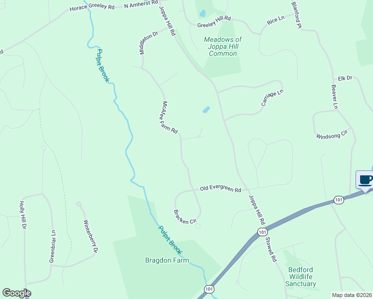 map of restaurants, bars, coffee shops, grocery stores, and more near 17 McAfee Farm Road in Bedford