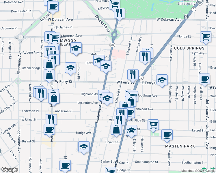 map of restaurants, bars, coffee shops, grocery stores, and more near 1141 Delaware Avenue in Buffalo