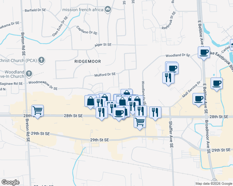 map of restaurants, bars, coffee shops, grocery stores, and more near 2665 Ridgecroft Drive Southeast in Grand Rapids