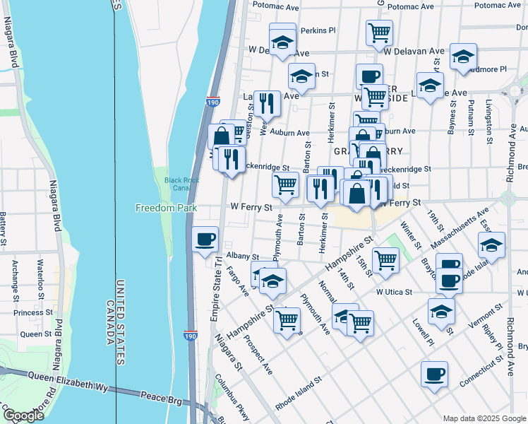 map of restaurants, bars, coffee shops, grocery stores, and more near 127 West Ferry Street in Buffalo