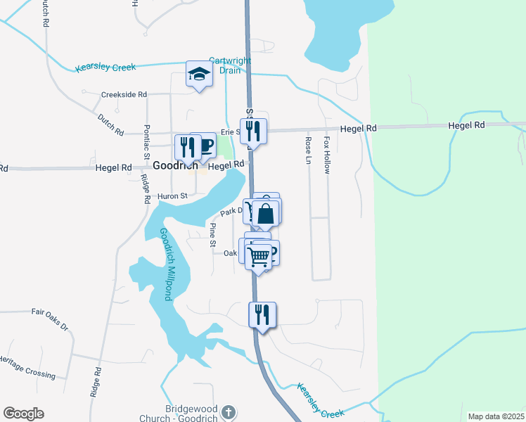 map of restaurants, bars, coffee shops, grocery stores, and more near 8125 South State Road in Goodrich