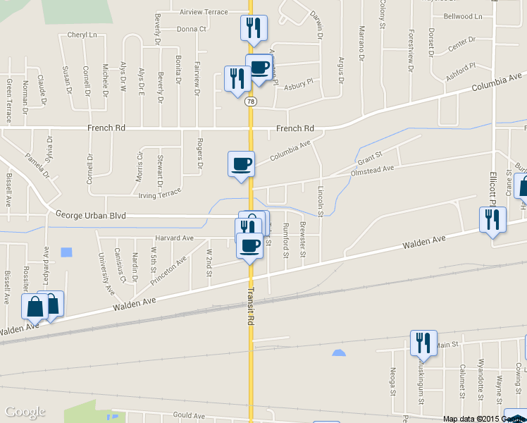 map of restaurants, bars, coffee shops, grocery stores, and more near 98 Tyler St in Depew
