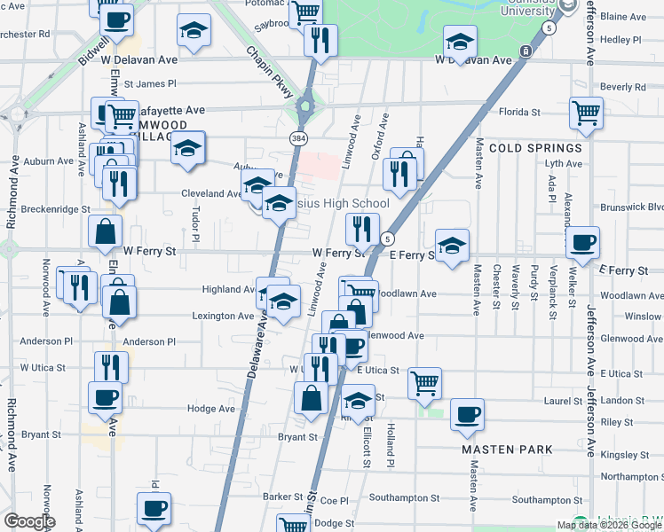 map of restaurants, bars, coffee shops, grocery stores, and more near 461 Linwood Avenue in Buffalo