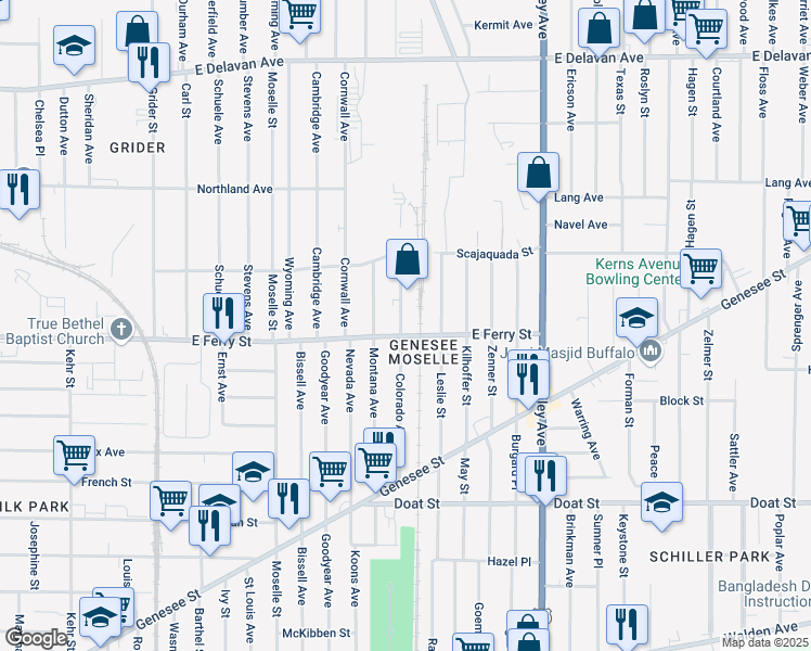 map of restaurants, bars, coffee shops, grocery stores, and more near 1210 Colorado Avenue in Buffalo
