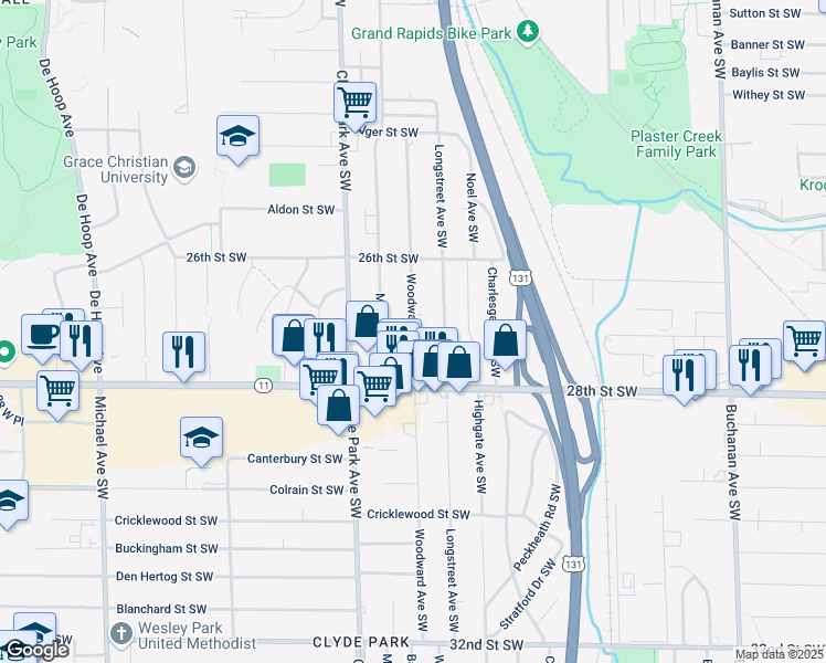 map of restaurants, bars, coffee shops, grocery stores, and more near 2727 Woodward Avenue Southwest in Wyoming