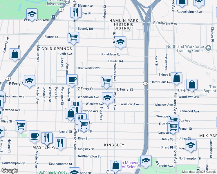 map of restaurants, bars, coffee shops, grocery stores, and more near 416 East Ferry Street in Buffalo