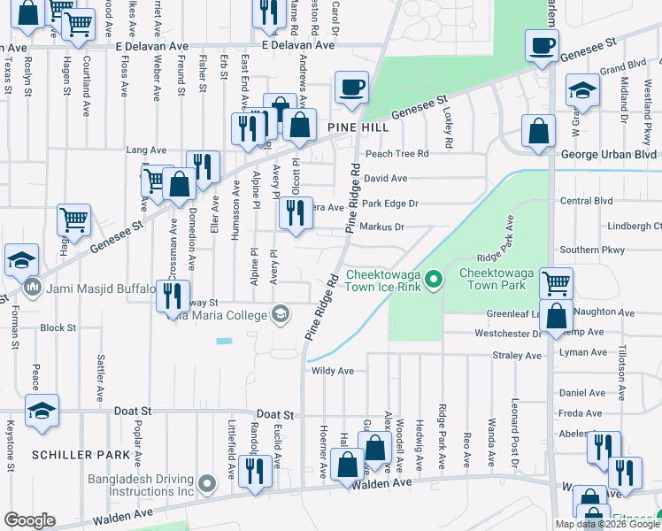 map of restaurants, bars, coffee shops, grocery stores, and more near 300 Pine Ridge Road in Buffalo