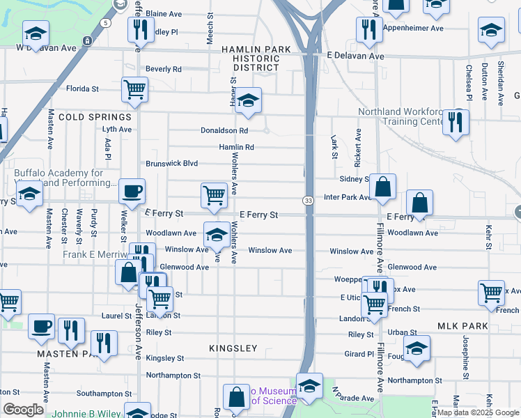 map of restaurants, bars, coffee shops, grocery stores, and more near 480 East Ferry Street in Buffalo