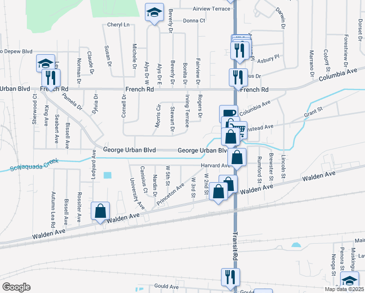map of restaurants, bars, coffee shops, grocery stores, and more near 3032 George Urban Boulevard in Depew